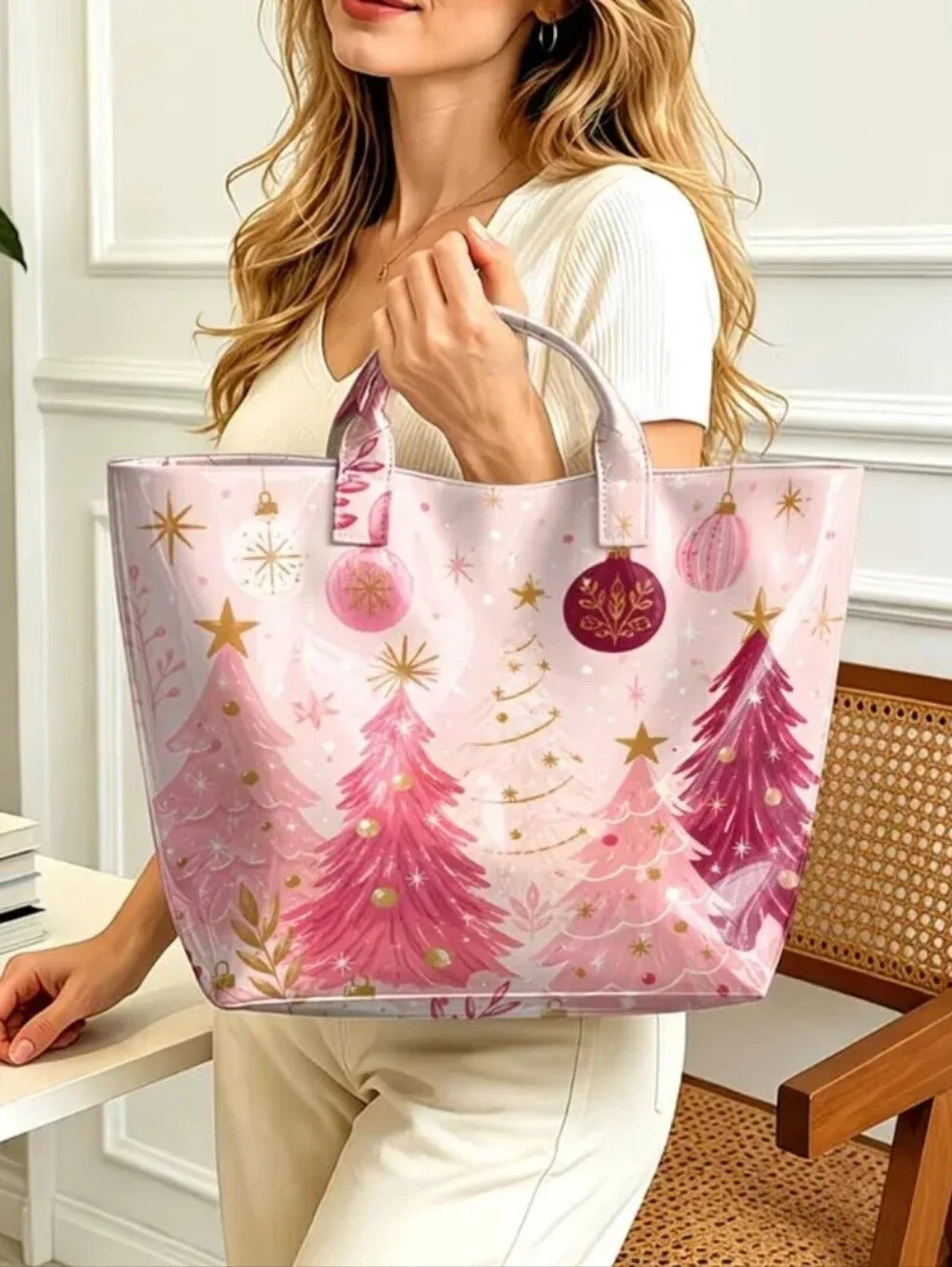 Cute Daily Commute Holiday Star Christmas Tree Pink Tote